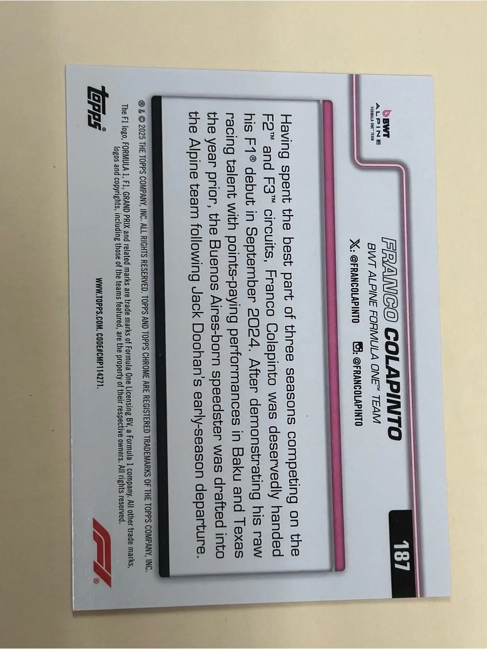 Topps Chrome Kids Trading Card - Pink/Black Driver